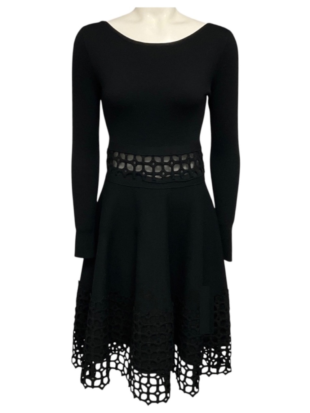 Lela Rose Black Long Sleeved Flared Knit Dress with Embroidered Lattice Lace Tri